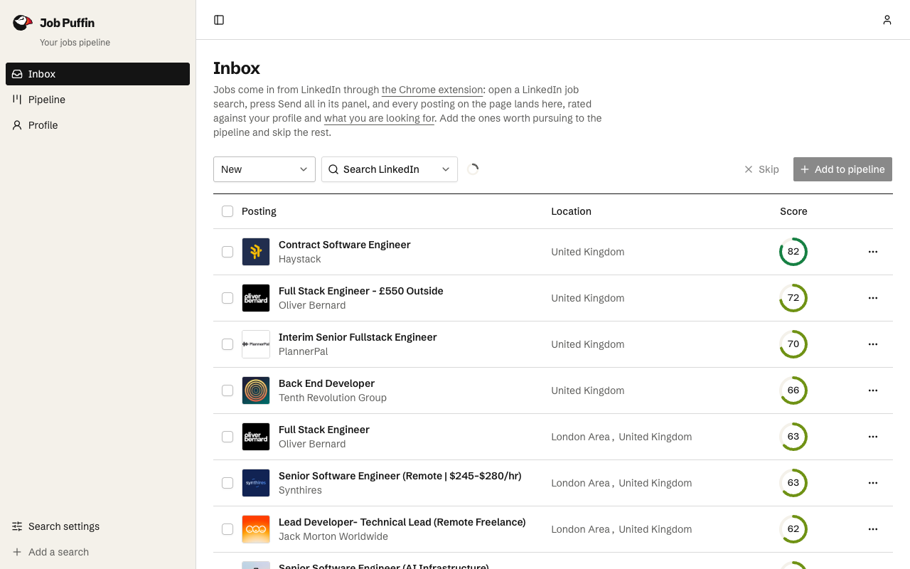 The Job Puffin inbox: jobs sent from a LinkedIn search, each with its score, best first